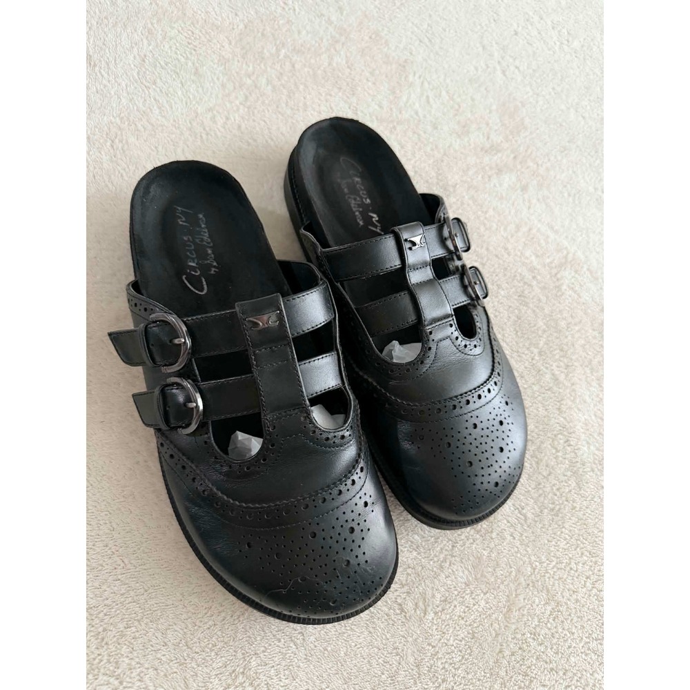 Sam Edelman Womens 8.5 Black Mules T-Strap Brogue Buckle Clogs Wingtip Slides